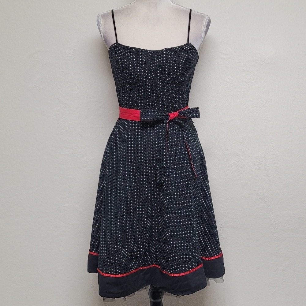 90s Vintage Ruby Rox Black Red Polka-dot Tie-Waist Tulle Fit & Flare Midi Dress - Picture 4 of 14
